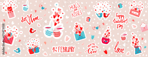 Texture with seamless background with stickers of love and Valentine's Day. Cartoon valentine icons with inspirational quotes. Trendy inscriptions about love, feelings, emotions, relationships. © hockey_mom