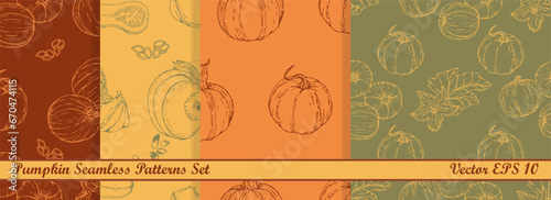 Collection of vector seamless patterns with Pumpkin. Hand drawn textures. Elegant seamless botanical pattern for paper, fabric, wallpaper, surface design