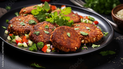 Traditional oriental Turkish fried bulgur cutlets with herbs on a plate on the table in the restaurant