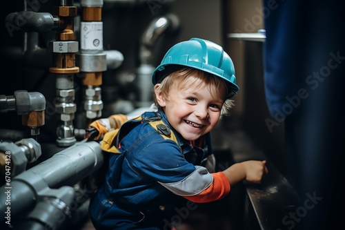 Funny smiling little boy plumber at work