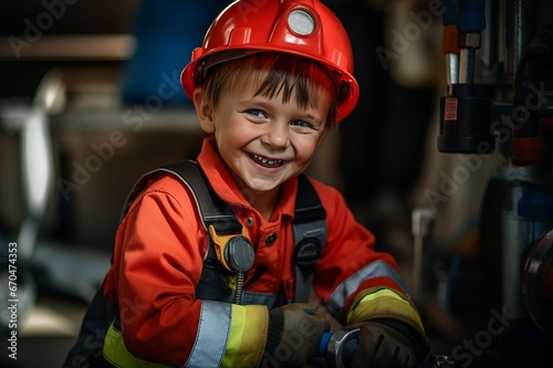 Funny smiling little boy plumber at work photo