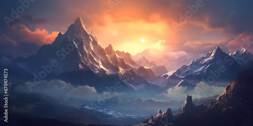 Snow covered mountains with wonderful sunset