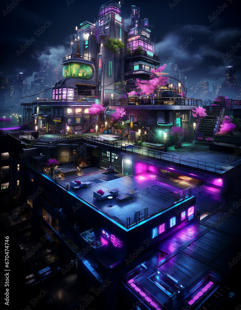 Futuristic cyberpunk urban cityscape, Neon Lights, 
club in the city
