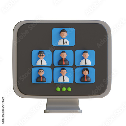 3D Model of Online Meeting with Clear Screen Display for More Productive Collaboration. 3d illustration, 3d element, 3d rendering. 3d visualization isolated on a transparent background