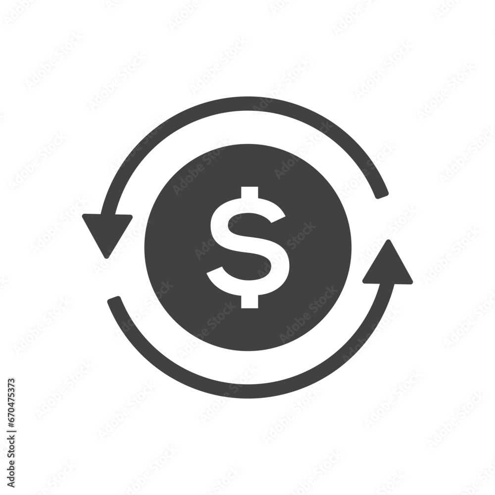 Refund icon, currency exchange, cash back, quick loan, mortgage refinance, insurance concept, fund management, return on investment, isolated vector illustration. Refund icon, currency exchange, cash back, quick loan, mortgage refinance, insurance concept, fund management, return on investment, isolated vector illustration.