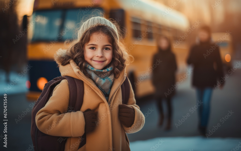A young girl standing with her school backpack waiting in front of yellow school bus. Generative AI