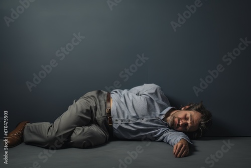 Tired man with insomnia problem at room floor. Sleep sick vigil stress. Generate Ai © nsit0108
