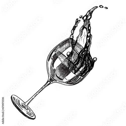 wine glass with splash drinks, sketch vector illustration. Hand drawn label design elements. Engraving style drawing, For menu, flyer, design