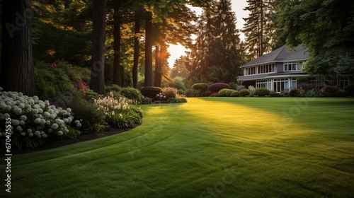 A perfectly manicured lawn stretching towards a flower garden, all bathed in the soft light of dawn.
