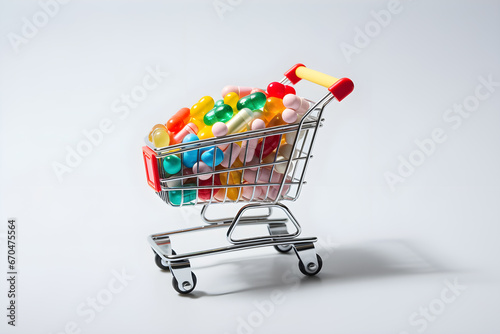 Shopping cart with pills isolated on white background © Elena