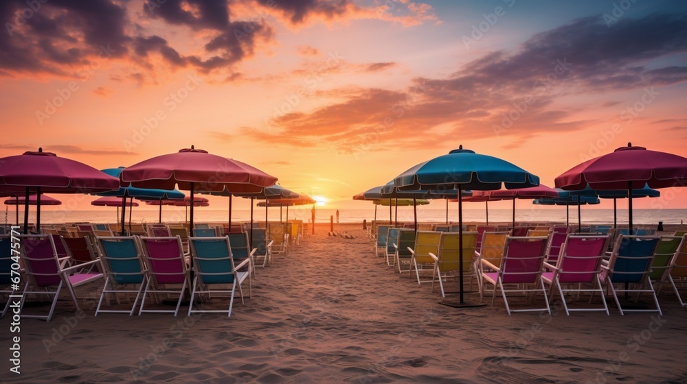 A picturesque view of multiple colorful umbrellas and chairs, lined neatly awaiting beachgoers at dawn.