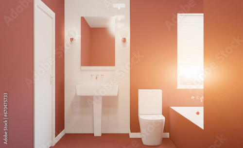 Fototapeta Naklejka Na Ścianę i Meble -  Spacious bathroom in gray tones with heated floors, freestanding tub. 3D rendering.. Sunset.