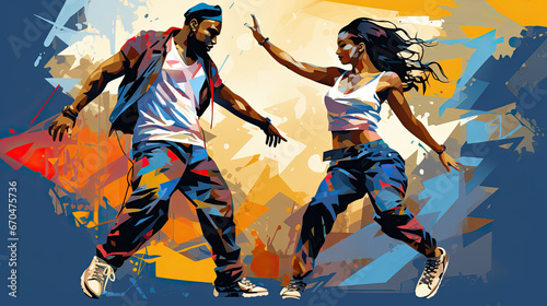 teenage black boy and girl dancing hip hop style, grafitti background, illustration © ZoomTeam