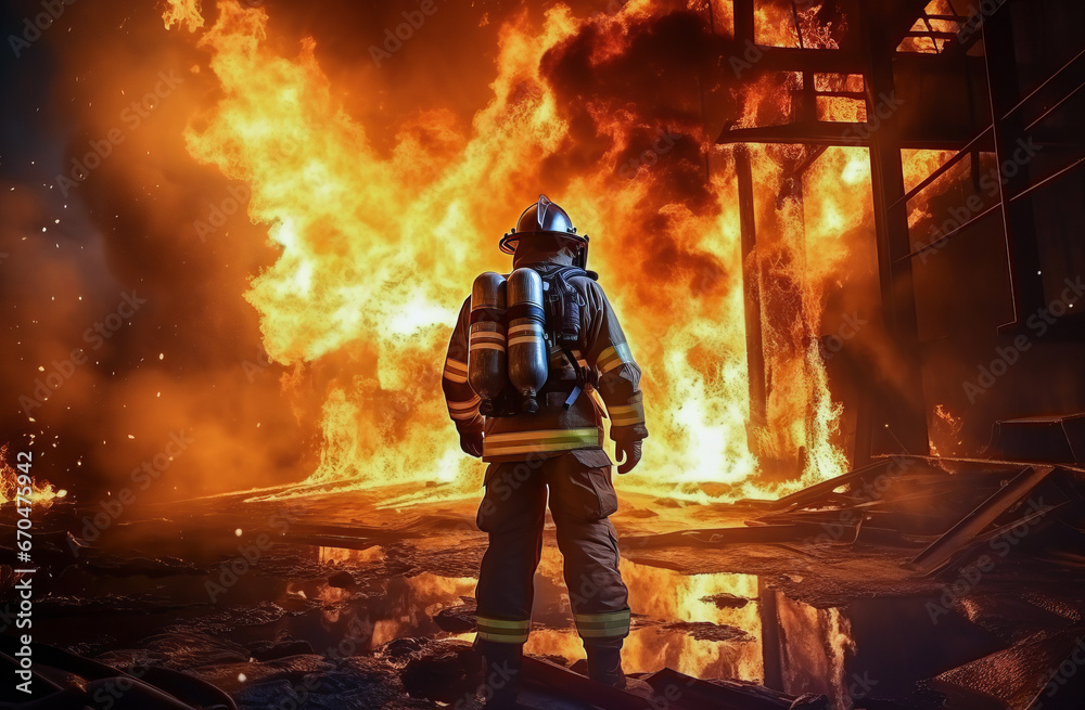 A brave firefighter in uniform, helmet and mask stands in front of a large-scale fire A brave firefighter in uniform, helmet and mask stands in front of a large-scale fire