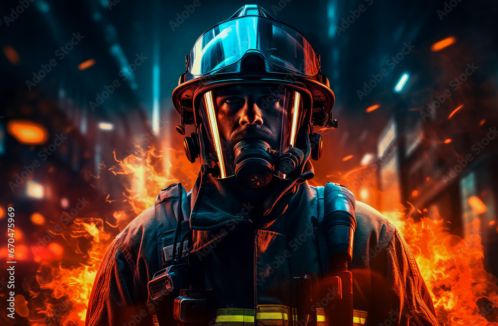 A brave firefighter in uniform, helmet and mask stands in front of a large-scale fire A brave firefighter in uniform, helmet and mask stands in front of a large-scale fire