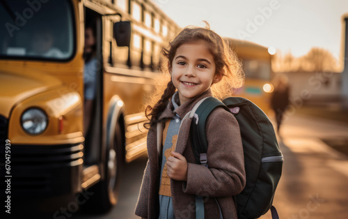 A young girl standing with her school backpack waiting in front of yellow school bus. Generative AI © Rafa Fernandez