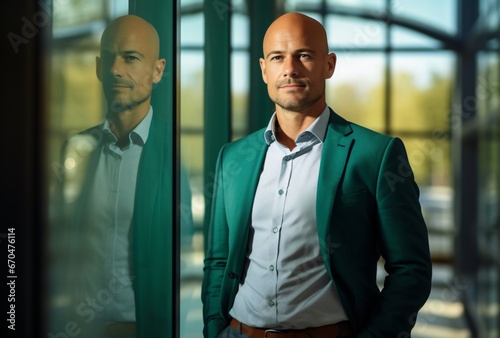 smart business man, dressed up in dark green and brown shirt, standing in front of blue glass windows with a large window behind him, photorealistic portraits photo