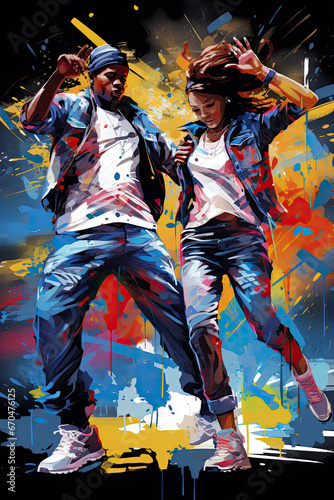 teenage black boy and girl dancing hip hop style, grafitti background, illustration