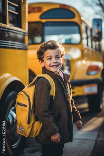 A young boy standing with his school backpack waiting in front of yellow school bus. Generative AI