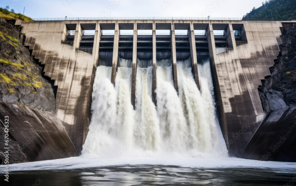 Hydroelectric dam letting water flow. AI Generative