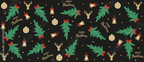 Design Christmas Wrapping paper with Christmas tree branch, reindeer, xmas ball and bell. Gift box wrap isolated on black background. Xmas seamless pattern. Vector illustration.