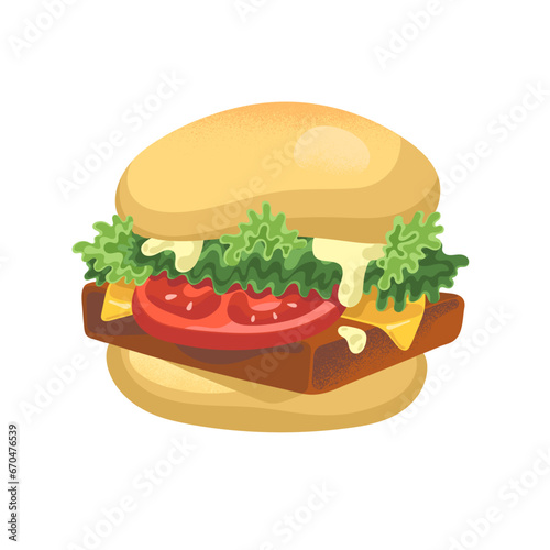 Delicious american burger. Cheeseburger, humburger, sandwich of ingredients: bun, meat, tomato, cheese, sauce, salad. Fast food, unhealthy eating. Flat isolated vector illustration on white background