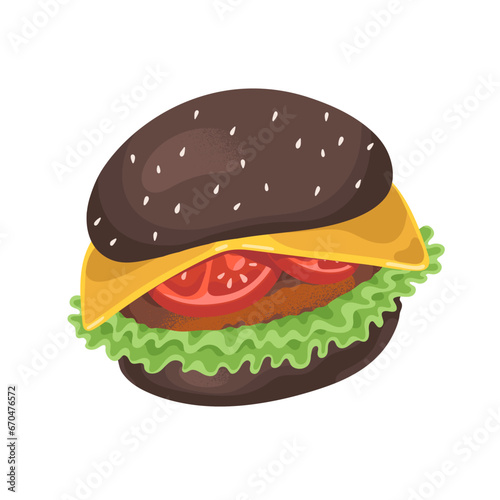 Black burger with cheese. American hamburger of bun, meat, tomato, salad. Tasty cheeseburger with cutlet. Unhealthy nutrition, fast food. Flat isolated vector illustration on white background