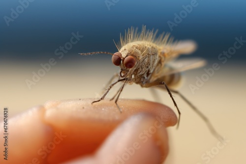 macro shot of sand fly sitting on the persons finger, neglected tropical disease threat like leishmaniasis photo
