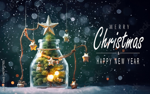 Christmas tree in glass jar decoration. Merry christmas and new year greeting card with text Calligraphic