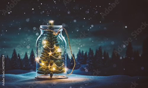 Christmas tree in glass jar decoration. Merry christmas and new year greeting card with copy space for text