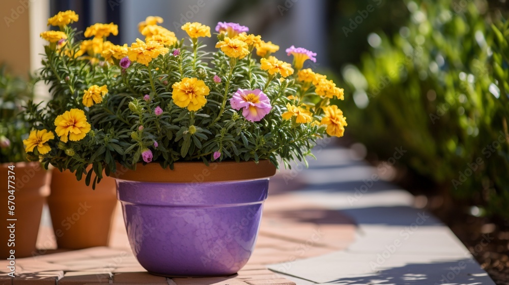 A radiant marigold contrasting with a pastel lavender pot.