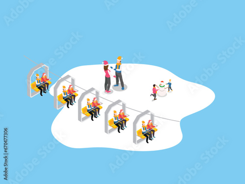 People in cable cars moving with Snowy Slopes Below isometric 3d vector illustration concept