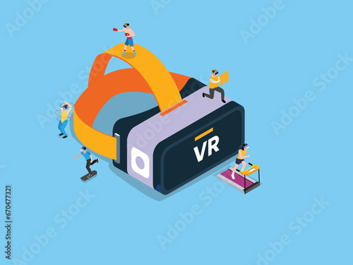 Metaverse Sport - People Use Virtual Reality Technology for Sports Workout isometric 3d vector illustration concept