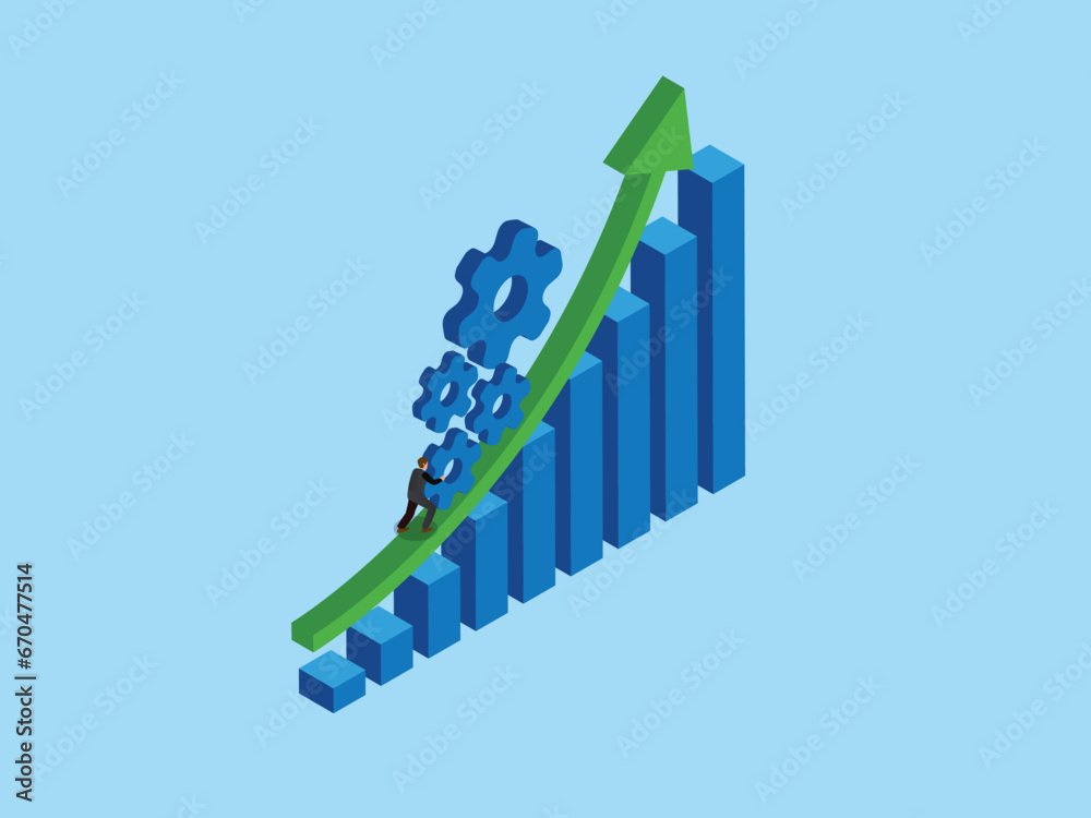 Businessman pushing cogwheels up on rising.Process improvement, efficiency to increase productivity isometric 3d vector illustration concept Businessman pushing cogwheels up on rising.Process improvement, efficiency to increase productivity isometric 3d vector illustration concept