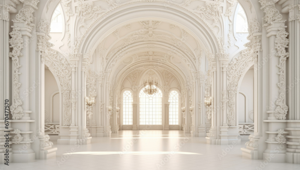 Empty beautiful white hall with ornate archway.