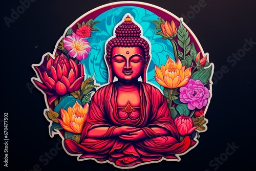 illustration of vibrant color sticker of the buddha with buddhist, Generative ai © rajesh