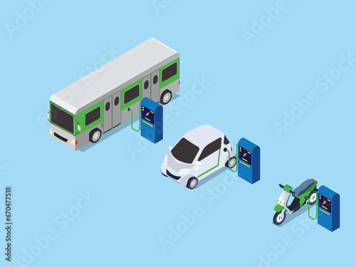 Bus, truck, van, motorcycle, business vehicles on charger stations isometric 3d vector illustration concept