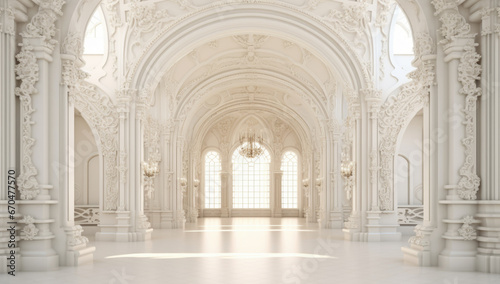 Empty beautiful white hall with ornate archway.