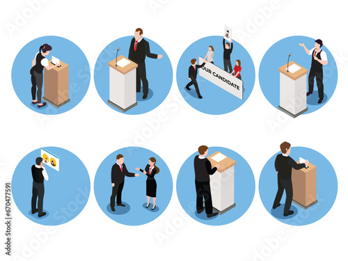 people election set with political debates campaign voting process ballot booth candidates interview isometric 3d vector illustration concept
