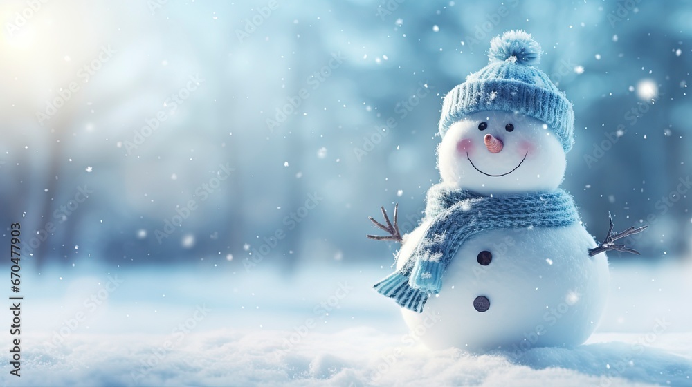 Panoramic view of happy snowman in winter secenery with copy space, generative ai Panoramic view of happy snowman in winter secenery with copy space, generative ai