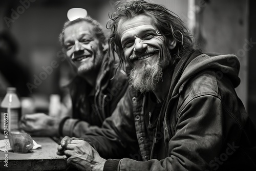 Two adult caucasian men laughing while sitting at a table. The concept of homeless people.