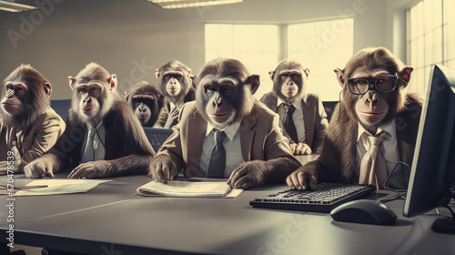 Monkey business, monkeys sitting in an office, wearing business attire photo