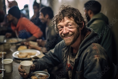 Adult caucasian man with curly short hair smiling, sitting at a table with food and a cup. The concept of homeless people.