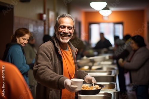An elderly adult man with gray hair in an orange shirt joyfully smiles while serving food in a public cafeteria.
