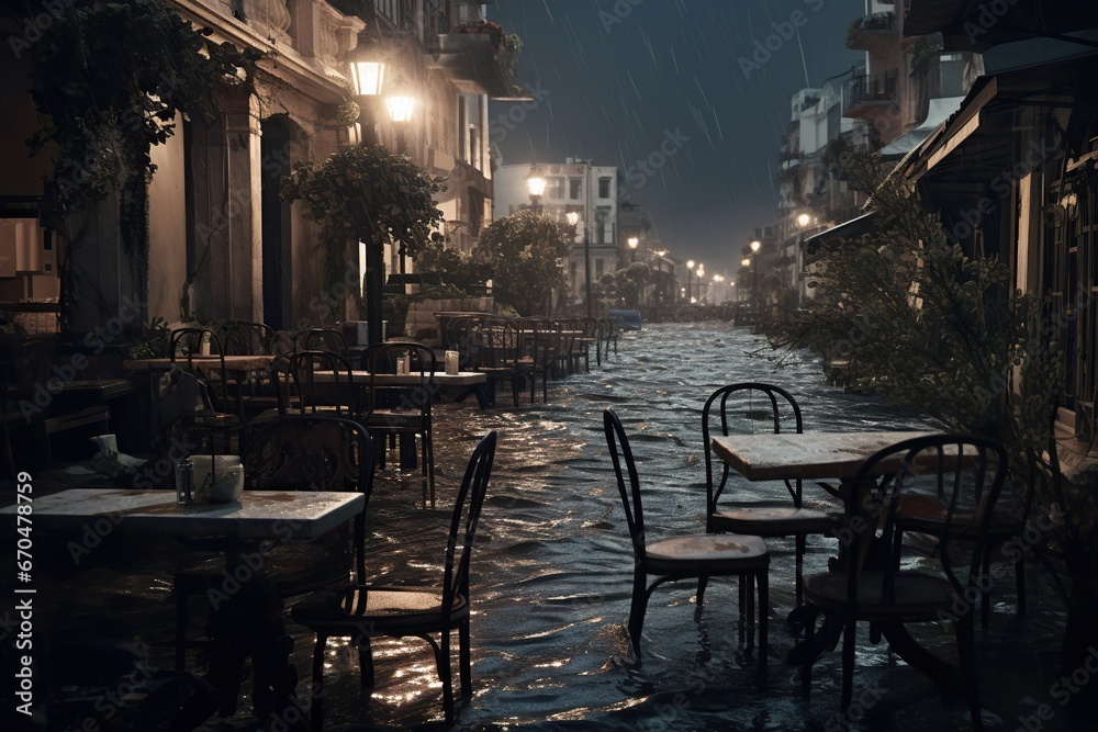 A flooded street in the rain with empty cafe tables and chairs.
