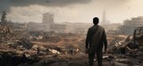 A man in a jacket stands with his back to the viewer and looks at the destroyed city, covered with ash and debris, with round birds in the sky. The concept of wars and destruction.