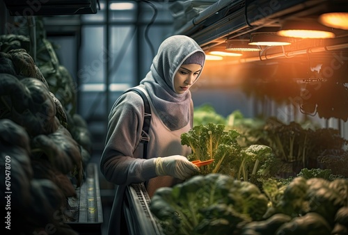 young muslim woman farmer in green greenhouse garden