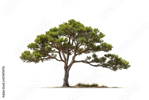 Stone pine tree isolated against white backdrop.