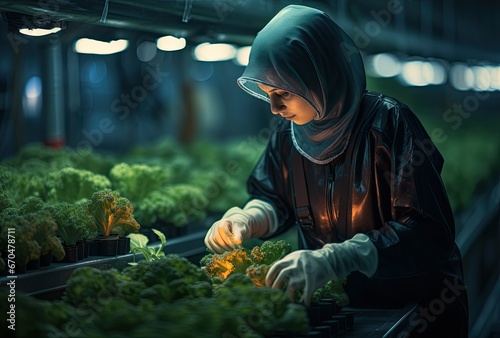 young muslim woman farmer in green greenhouse garden