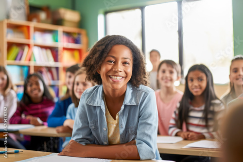 Wallpaper Mural Learning, education and studying. Portrait of cute smiling afro american schoolgirl in classroom. Development and happy kid. Concept of diversity children in classroom and pleasure education Torontodigital.ca